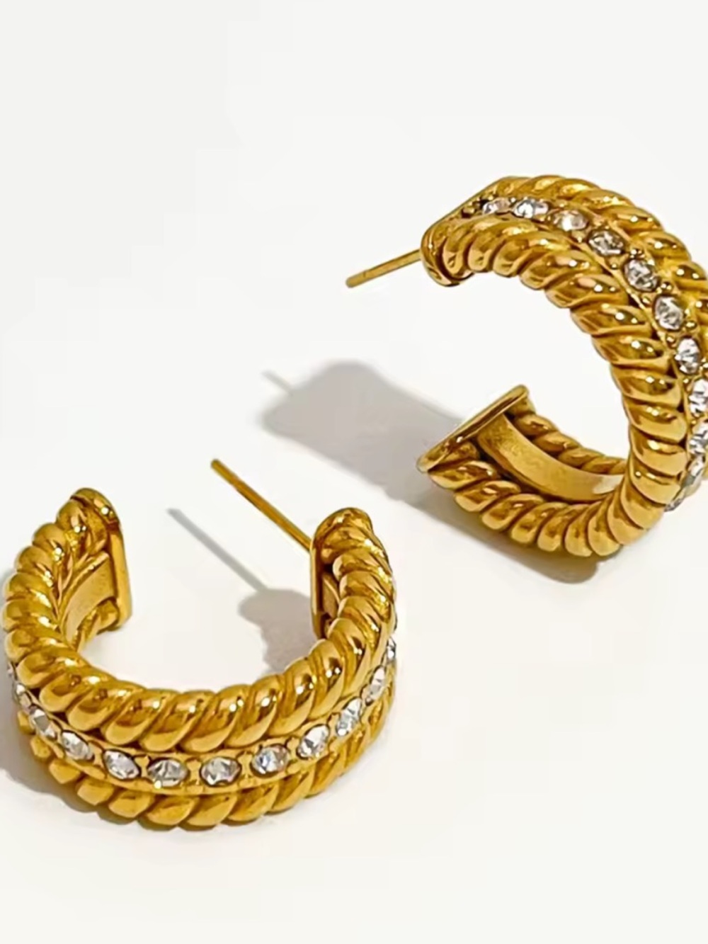 Gold Crystal Rope-Textured Hoop Earrings - Women Jewelry